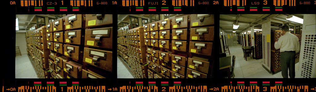Public domain photograph of a large library card catalog system used for reference and retrieval.